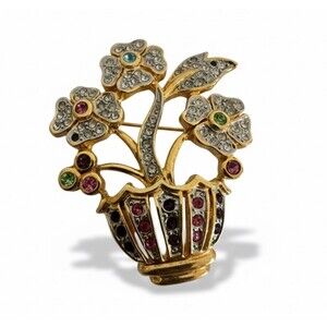 Vintage Rhinestone Flower Basket Brooch Gold Tone Garden Party Aesthetic